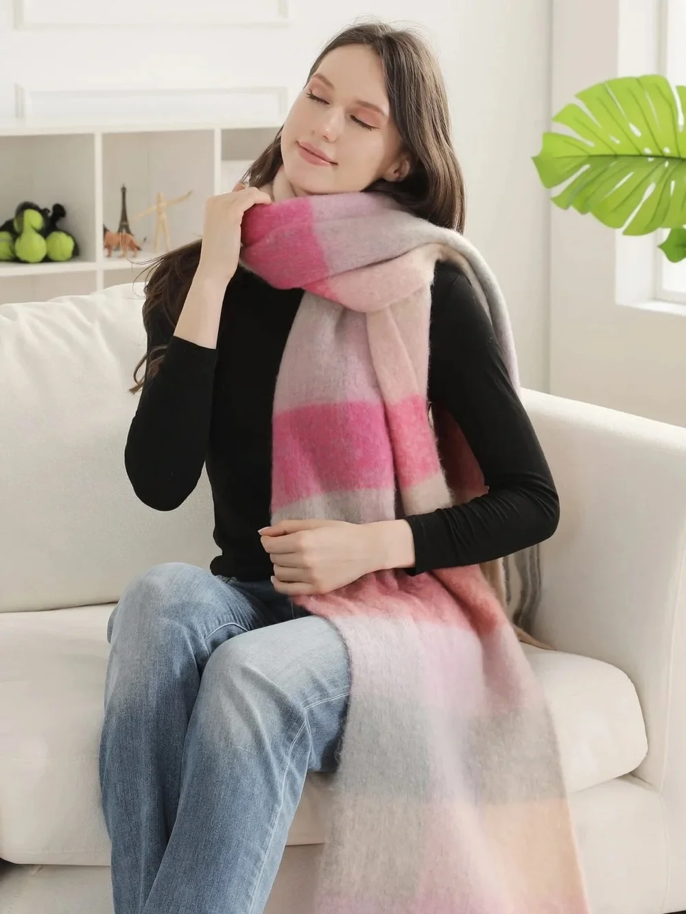 Cozy Pastel Plaid Fringe Scarf - Pink Multi